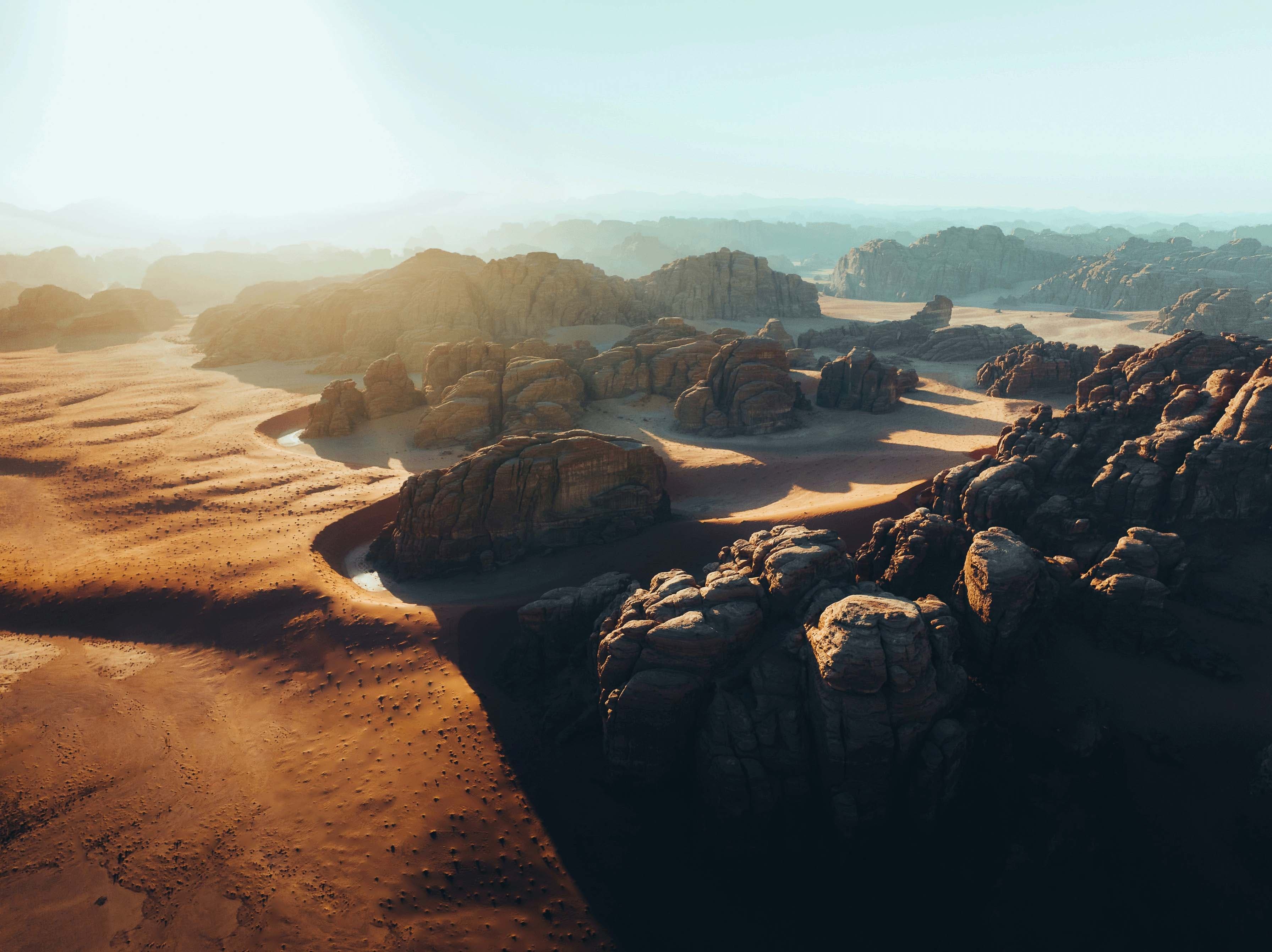 Rock formations in a desert setting.