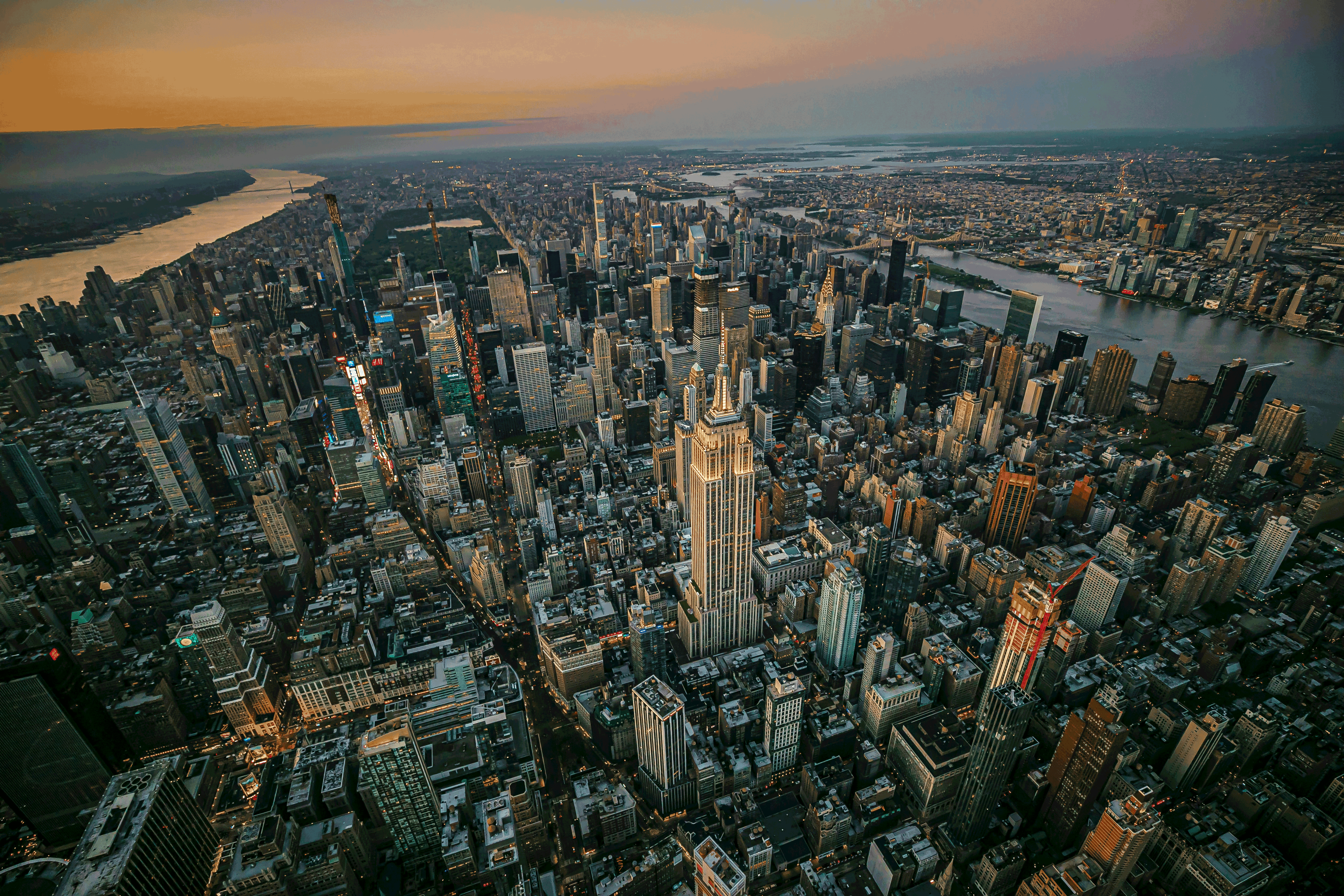Bird's eye view of New York City above Times Square and the Empire State Building